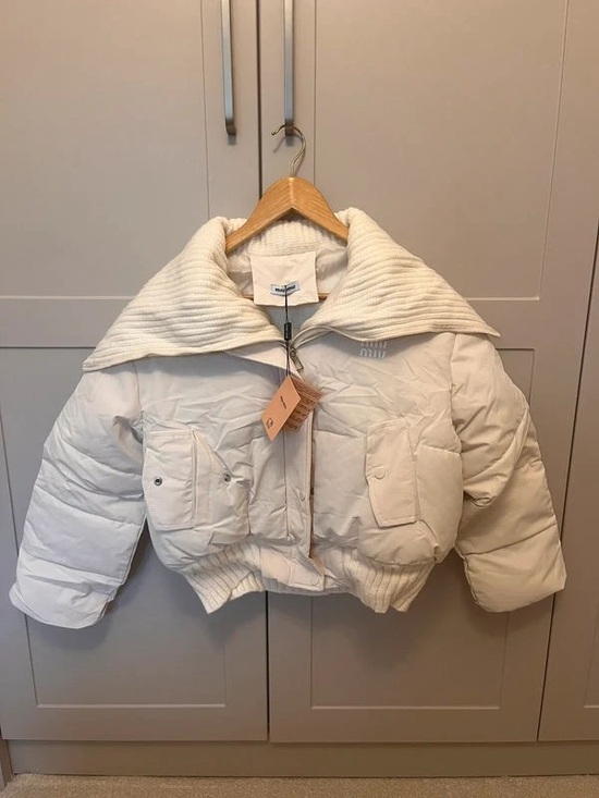 Miu Miu Jackets & Blazers - Miu Miu Cream Cropped Puffer with Ribbed Shawl Collar